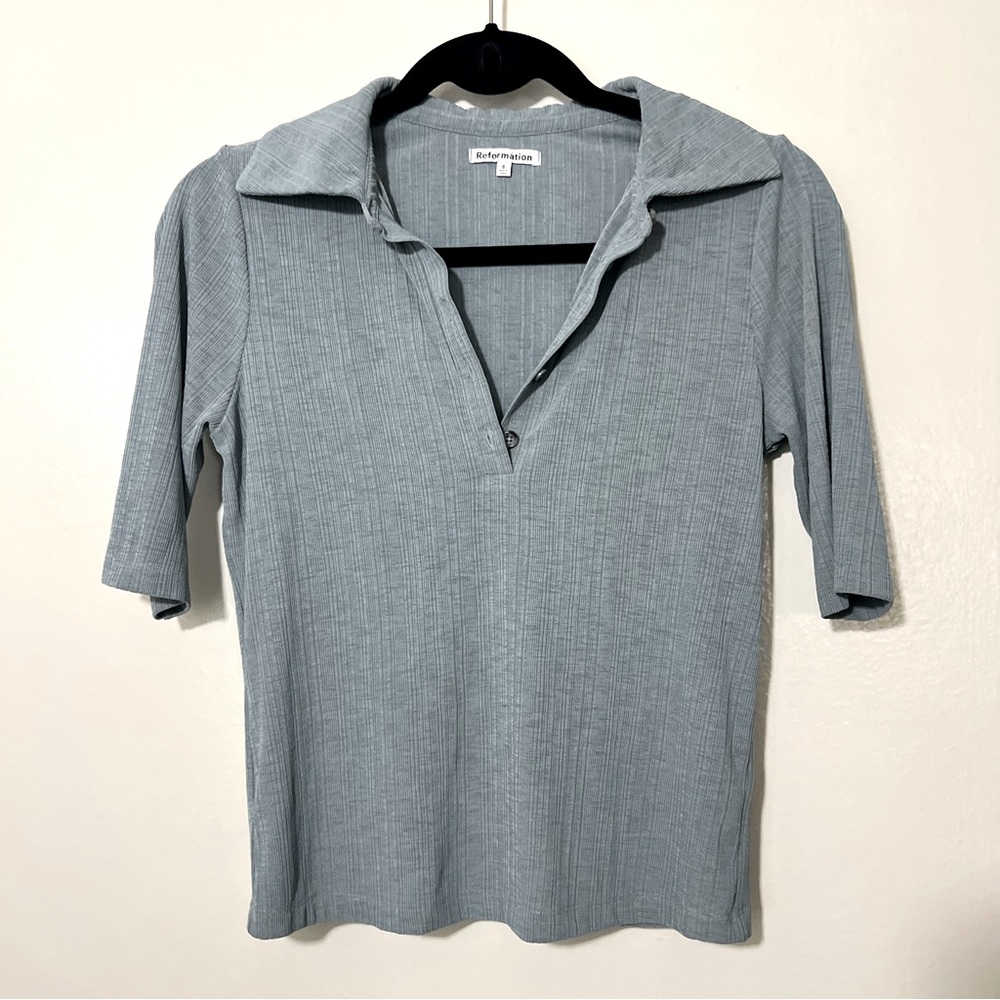 Reformation Casual Prep Short Sleeve Ribbed 3/4 Sleeve Blue Polo Sz Small